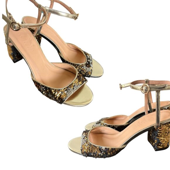J.CREW COLLECTION GOLD LEATHER SEQUIN ANKLE STRAP HEELS SANDALS 10 NEW $298 - Picture 3 of 5